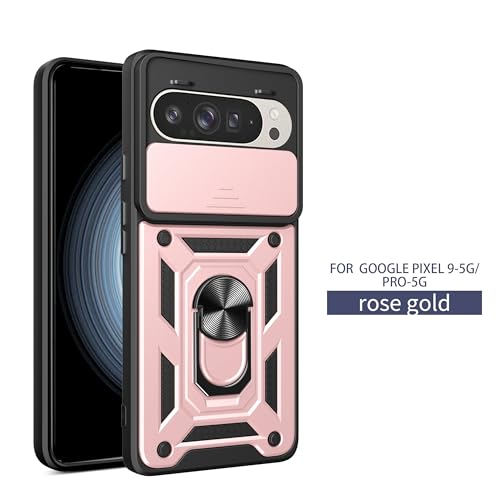 Image of Spazy Case Google Pixel 9 /9 Pro Back Cover | Heavy Duty Hybrid Case with 360 Degree Rotating Finger Ring Holder + Slider Shutter Camera Protection Case for Google Pixel 9 5G / 9 Pro 5G- Rose Gold