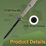 Wavanta 50Pcs Decking Screws, 4.8 x 75mm Black Wood Screws, Torx Drive Flat Head Screw, Rust Resistant Black Coated, with T25 Torx Bit - Image 2