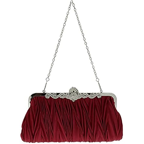 Ro Rox Lottie Vintage Clutch Bag for Women - Pleated Handbag for Evening - 2 Removable Shoulder Chain - Antique Snap Closure with Diamantes Detailing - Black Evening Bag for Wedding Party - Red Cover