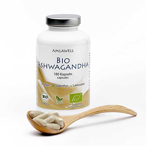Foto von AMLAWELL Bio Ashwagandha - 180 Kapseln Bio Ashwagandhapulver aus kontrolliertem Anbau, erlesene Schlafbeere aus Indien, vegan