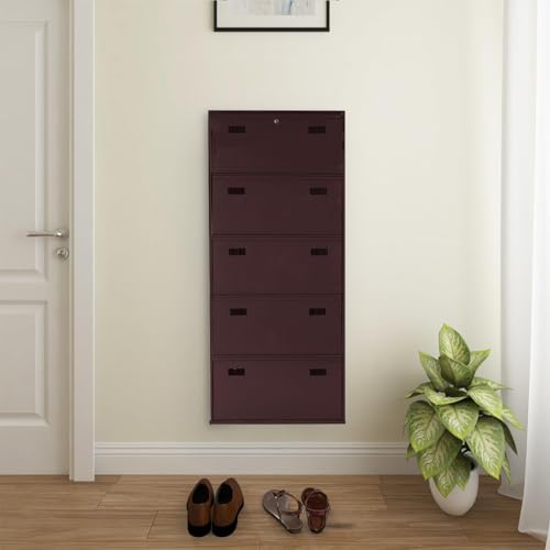Image of Metal Shoe Rack Wall Mounted for Home with Central Locking |5 Door 28 inch Wall Mounted Metal 15 Pair Shoe Rack Cabinet | Pre-Assembled Rack Shelves | 3 Year Warranty (Brown)