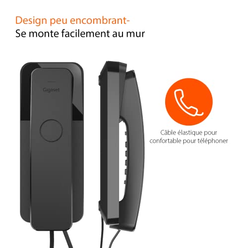 Gigaset Desk 200 - Téléphone Filaire Ultra Compact avec Cordon Extensible - 10 numéros abrégés - Rappel du dernier numéro - Compatible avec Les appareils auditifs, Noir