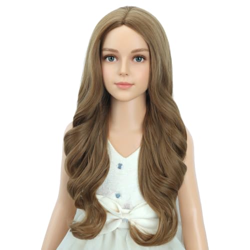Image of PATTNIUM Kids Child Brown Wig Long Curly Wavy Light Brown Wigs for Girls Middle Part Shoulder Length Synthetic Wig with Wig Cap