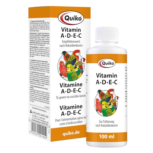 Quiko Vitamine A-D-E-C -100 ml Pour l'apport de vitamines aux oiseaux d'ornement, pigeons voyageurs et poules - Pour l'apport de vitamines après les cures de coccidies - Idéal en situation de stress