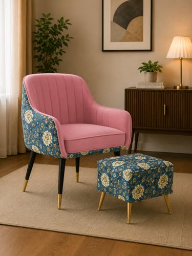 Image of Velvet Accent Chair with Pouffe & Floral Cushion | Modern Upholstered Armchair with Gold Metal Legs | Comfortable Lounge Chair for Living Room, Bedroom, Office (Pink Floral)