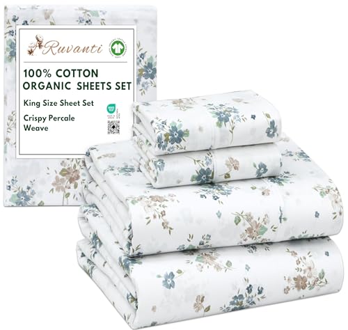 RUVANTI 100% Cotton Organic Percale Sheets King Size – Crisp Cooling Bed Sheets for Hot Sleepers, Deep Pocket 15”, Soft Peach Finish, Breathable & Durable Hotel-Style 4 Pcs, Halcyon