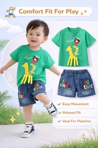 Image of Bold N Elegant Cotton Cute Cartoon Printed Half Sleeve T-Shirt And Shorts Clothing Set For Infant Toddler Baby Boy Girl