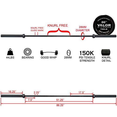 Valor Fitness OB-86-750B Men's Olympic Bar with Whip Action – Ideal for Cross Training, Black, One Size Fits All