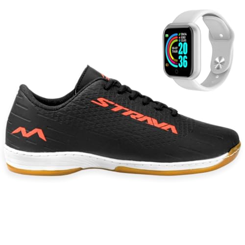 Chuteira De Futsal Tênis Quadra Salão + Relógio Smartwatch Inteligente (Preto, BR, Adulto, Numérico,