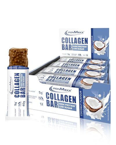 IronMaxx Collagen Protein Bar - Barra 40g Coco 12 Unidades - Barra High Protein baja en azúcar con colágeno tipo 1, 2 y 3, 5g de colágeno por barra de carne de vaca alimentada con pasto.