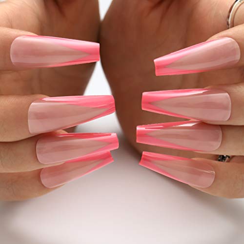 Blufly Glossy Gradient Pink Press On Nails Long Coffin Fake Nails V-Shape French Nails Tips Geometric Ballerina Full Cover Acrylic False Nails For Women And Girls (Red) #TOP3