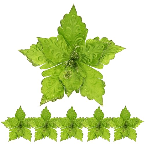Lot de 6 fleurs de poinsettia de Noël pailletées en velours à paillettes de 27,9 cm de large, décorations florales artificielles pour travaux manuels, couronne, décoration (vert)