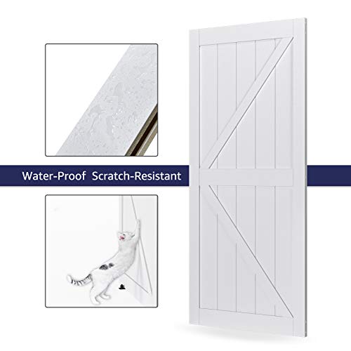 COSHOMER 36in x 80in MDF Sliding Barn Door with 6.6ft Barn Door Hardware Kit & Handle, Pre-Drilled Holes Easy Assembly -Solid Wood Slab Inside Covered with Water-Proof PVC Surface, White, K-Frame