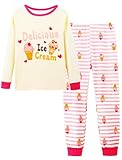 Mikrdoo Girls Pajamas Cute Cotton Pajamas 2 Piece Long Sleeve and Striped Pants Fall Pj Set Yellow Pink Ice Cream Sleepwear Size 5