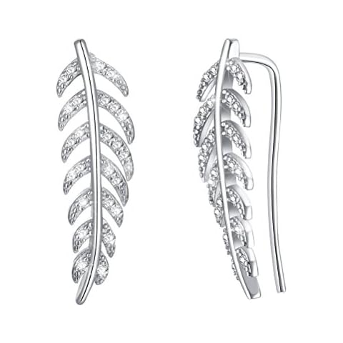 Fenical Diamond Ear Crawler Zircon Leaf Earrings 925 Sterling Silver Ear Crawler Studs Cuff (Platinum Plating) Cover