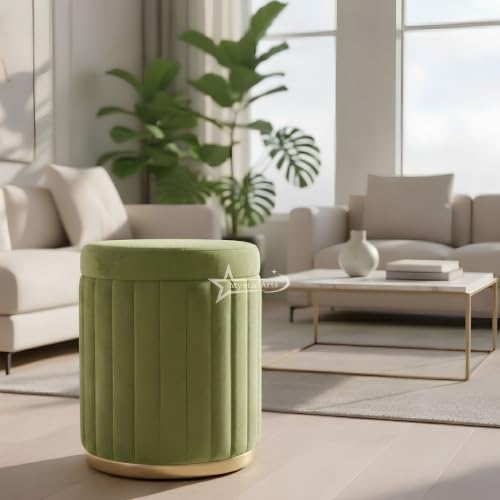 Image of Round Strip Stool with Cushion Foot Rest Office Stool Pouf Ottoman Padded Seat in Living Room (Pista Green)
