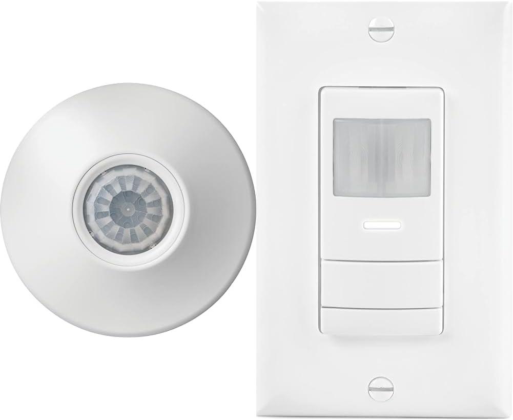 Sensor Switch CM 9 Contractor Select Ceiling Mount Occupancy Sensor, 12 Foot Radius, White & WSX WH LED Passive Infrared Wall Switch Occupancy Sensor, Single Relay, White