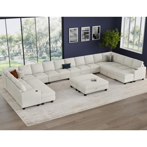 Belffin Oversized Modular Sectional Couches for Living Room Large U Shaped Sofa with Pull Out Bed Modular Couch with Storage Chaise. White Sofa Beige