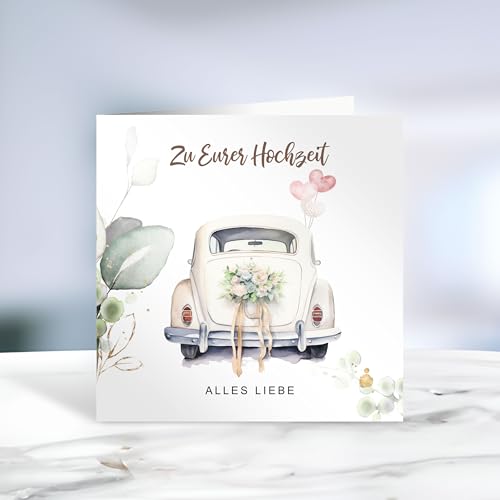 FORYOU24 MYPRINTZ Glückwunschkarte zur Hochzeit mit Umschlag aus Kraftpapier. Hochzeitskarte Grußkarte Vermählung Just Married Wedding Motiv Auto (KT_116)