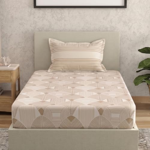 Image of Huesland by Ahmedabad Cotton 144 TC Bedsheet for Single Bed with 1 Pillow Cover | Taupe & Dark Cream