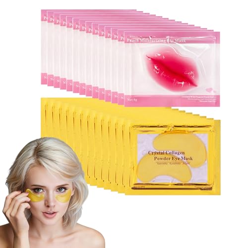 15 Paia Maschera Collagene per Occhi & 15 Pcs Maschera Labbra, 24k Gold Eye Mask Patch Occhiaie, Borse e Puffinesss, Lip Masks Idratanti Adatte per Labbra Secche e Screpolate, Set Cura Labbra e Occhi