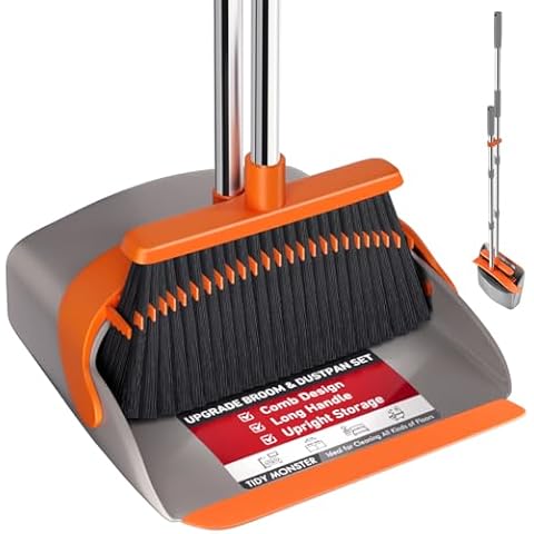 Broom and Dustpan Set, Large Upright Brooms and Dust Pans with 52" Long Handle, Self-Cleaning with Dustpan Teeth for Kitchen, Office Lobby, Living Room, Kitchen, Garden Cover