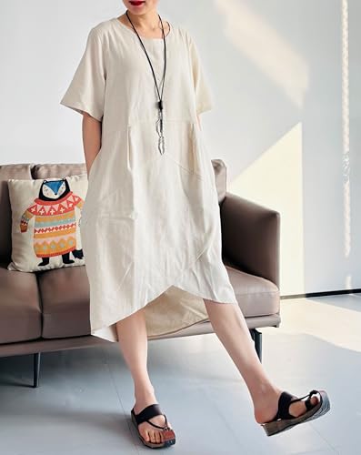 Tebreux Women's Linen Midi Dress Oversized Short Sleeve Sundress Baggy Tunic Dresses with Pockets4