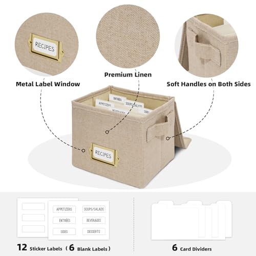 Hiwhy Recipe Box, Linen 4\"x6\" Recipe Organizer Box with 6 Dividers, Stylish Gift for Birthday, Bridal Shower, Mother\'s Day, Housewarming, Beige