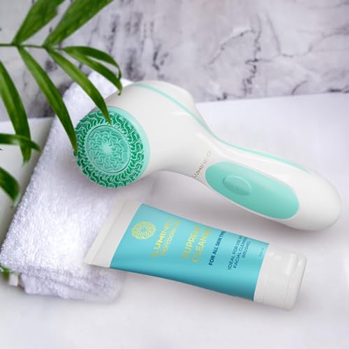 Lumineo Cepillo de limpieza facial con gel limpiador para la limpieza de poros y puntos negros, cepillo facial eléctrico – 3 cabezales de cepillo para todo tipo de piel (turquesa (piel normal)) - imagen 8