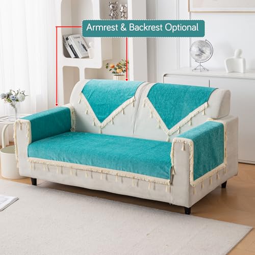 Image of HOKIPO 'Serenity Tassel' Chenille 2 Seater Sofa Cover with Tassel - Ocean Teal (IN-891-SBL)
