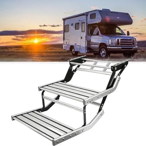 Foldable RV Step with Rug, Heavy-Duty Non-Slip Camper Stair, Steel Plate Trailer Steps, Easy Installation, Ideal for RVs, Trailers, and Campers (No LED, Double Layer)