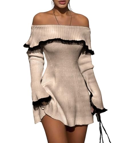 Image of chouyatou Women's Off The Shoulder Bell Long Sleeve Sweater Mini Dress Lace Trim Bodycon Ribbed Knit Sweater Dress
