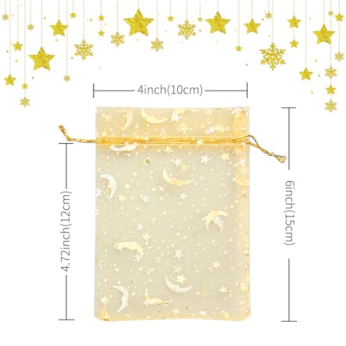 Image of YHJZ 100PCS Moon Star Organza Bags, 4x6 inches (10x15cm) Small Mesh Bags Drawstring, Jewelry Gift Pouches for Wedding, Party, Festival, Makeup Organza Favor Bags (Gold)