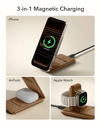 Image of ESR 3 in 1 Charging Station for Apple, [Certified] Apple Watch Charger & 15W MagSafe Charger Stand for iPhone, Travel Charger for Multiple Devices, iPhone 17-12, Watch & AirPods, Brown
