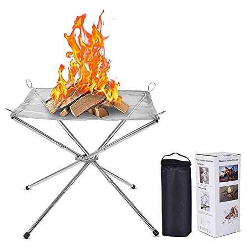 ibforcty Portable Foldable Outdoor Camping Fire Pit, 304 Stainless Steel Mesh Fireplace Picnic Campfire Fire Pit Wood Burning with Carry Bag for Patio, Camping Backyard and Garden (M (42cm*42cm*34cm))
