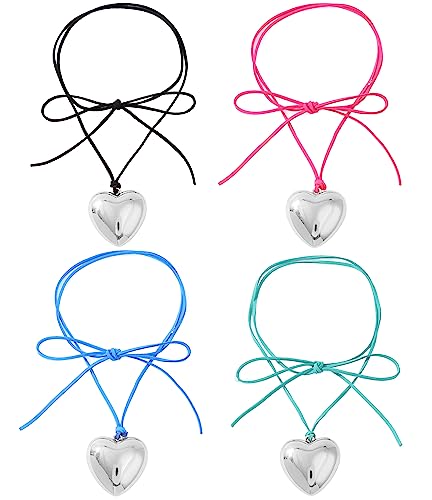 Firazio 2-4 Pcs Chunky Puffy Heart Choker Necklace - Big Heart Pendant Adjustable Velvet Chain Heart Necklaces For Women Teen Girls Y2K Trendy Jewelry Accessories #TOP21