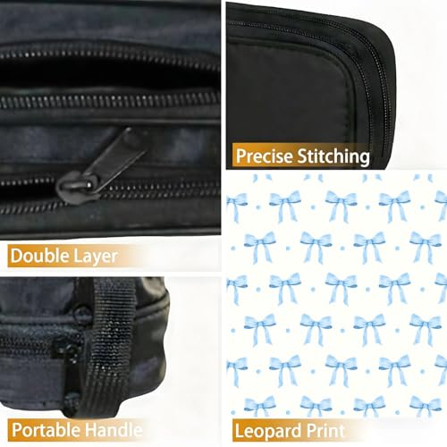Image of WOBAGMEN Double Layer Pencil Case with Handle Large Pencil Bag Cute Print Pencil Pouch for Boys Girls (Blue Bow Polka Dots)