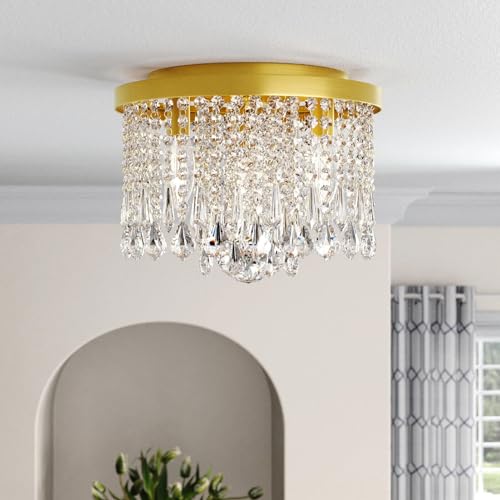 Image of 3-Lights Brass Finish Crystal Ceiling Light Chandelier Jhoomar Pendant Lamp Jhumar Lighting for Home & Living Room (13 Inch, Glass & Metal)