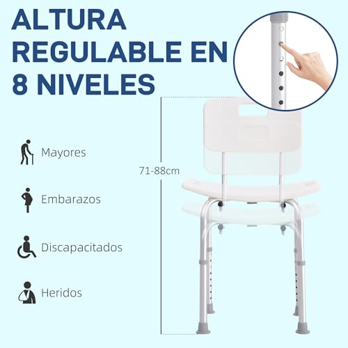 HOMCOM Silla para Ducha Personas Mayores Taburete de Ducha con Altura Ajustable en 8 Niveles Respaldo y Alfombrillas Antideslizante Ayuda para Baño para Ancianos y Discapacitados - imagen 5