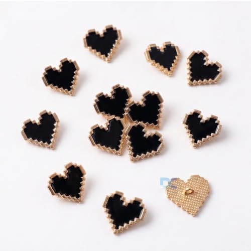 Image of Pack of 6 Heart Shaped Stylish Buttons Diameter 16 mm,(26 L) Black Color with Golden Edges for Sewing On Shirts Blazers for Women and Art and Craft