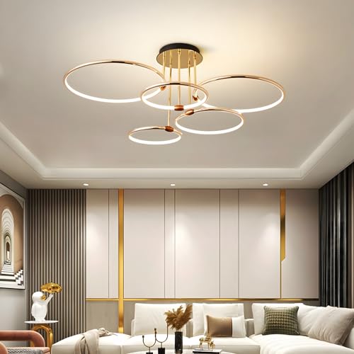 5 Okrągłe Pierścienie Złota Lampa Sufitowa Led, Ø93cm Żyrandol O Średnicy, 108W Bezstopniowo Przyciemniana, Kreatywna Metalowa Galwanizowana Lampa Wisząca, Nowoczesna Lampa Do Sypialni, Salonu Biura