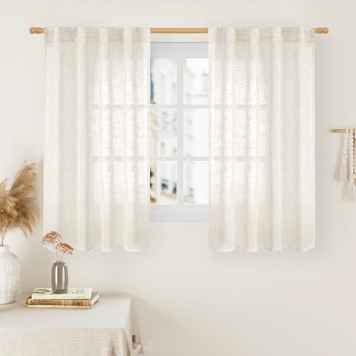 LAMIT 45 Inch Short Window Linen Curtains, Light Filtering Panels Back Tab and Rod Pocket Neutral Drapes for Cafe/Bathroom/Loft Room, Cream, 2 Panels, 34 x 45 Inch
