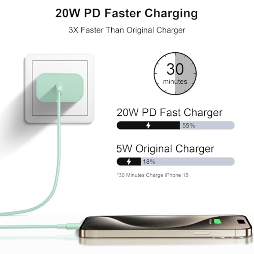 Image of iPhone 17 16 15 Charger Fast Charging 6FT - 20W USB C Charger Block with 6FT Type C to C Cable Compatible with iPhone 17 /17 Pro /17 Pro Max /Air /16 /16e /15, iPad Pro, iPad Air (Green)