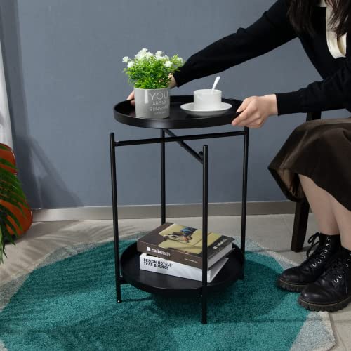 HollyHOME Mesa Auxiliar Redonda Mesa de Café & Té, Bandeja de Metal de 2 Niveles, Mesita de Noche Mesita de Sofá para Sala de Estar Dormitorio Balcón Patio, Negro - imagen 5