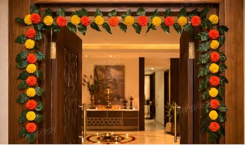 Image of Divyakosh Mango Leaf Vine /Creeper with Marigold Flowers for Door Entrance Decor, 80 Inch Artificial Floral Thoran /Bandarwal /Galrand, Festive Hanging for Diwali Pooja Ganpati Navratri Home