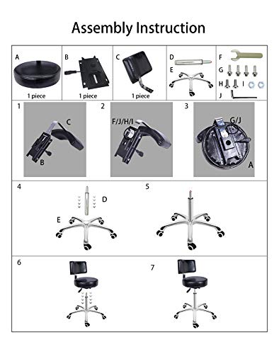 Grace & Grace Height Adjustable Rolling Swivel Stool Chair with Round Seat Heavy Duty Metal Base for Salon,Massage, Factory, Shop (with Backrest, Black) - Thumbnail 7