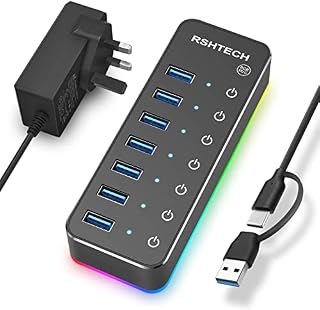RGB Powered USB 3.0/USB C Hub RSHTECH 7-Port USB 3.0 Data Hub Splitter with 14 RGB Lighting Modes, 20W Power Adapter, USB A/USB C Cable and Individual On/Off Switches. (RSH-518R)