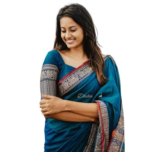 Image of Narayanpet Pure Cotton Avani Border Saree for Women with Running Blouse | Tassels | Traditional Woven Solid Design | Handloom Weave
