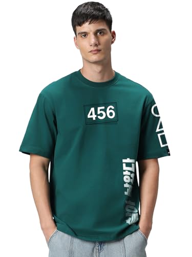 Image of Bewakoof X Squid Game Men's Cotton Graphic Print Oversized Fit Half Sleeve Round Neck T-Shirt | Casual Wear | Street Wear | Oversized t Shirt for Men Cotton | Baggy