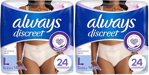 Image of Always Discreet Sensitive, Incontinence & Postpartum Underwear for Women, Maximum Plus Protection, Large, 24 Count (Pack of 2)